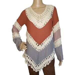 Umgee Boho Crochet Color Block Long Sleeve Tunic Blouse M/L See measurements T39
